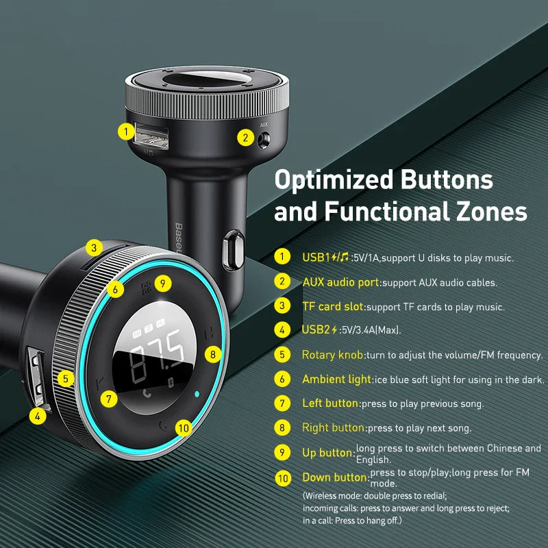 Bluetooth 5.0 FM Transmitter with Fast USB Charger