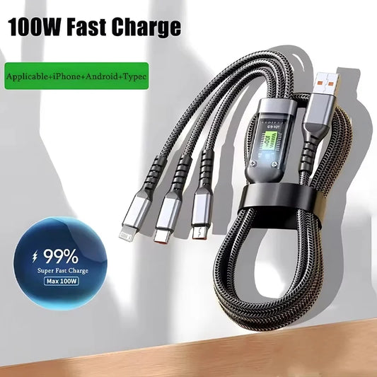 100W USB Charging Cable 3 In 1 Universal USB-C, Lightning, Micro USB