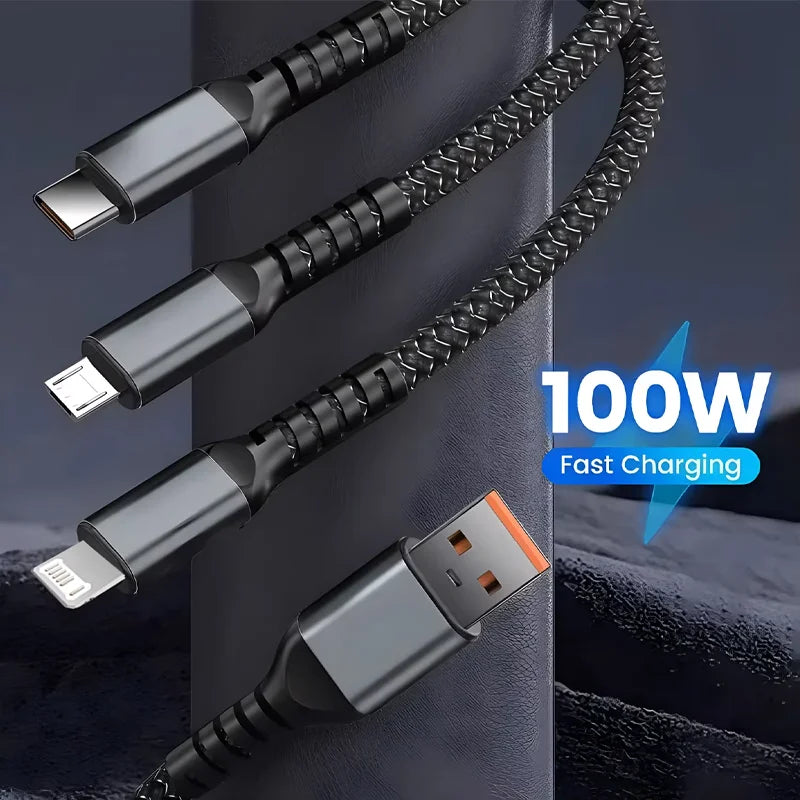 100W USB Charging Cable 3 In 1 Universal USB-C, Lightning, Micro USB