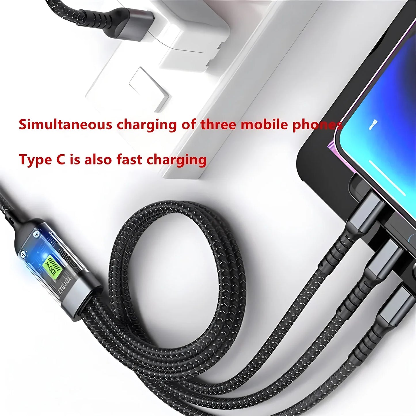 100W USB Charging Cable 3 In 1 Universal USB-C, Lightning, Micro USB