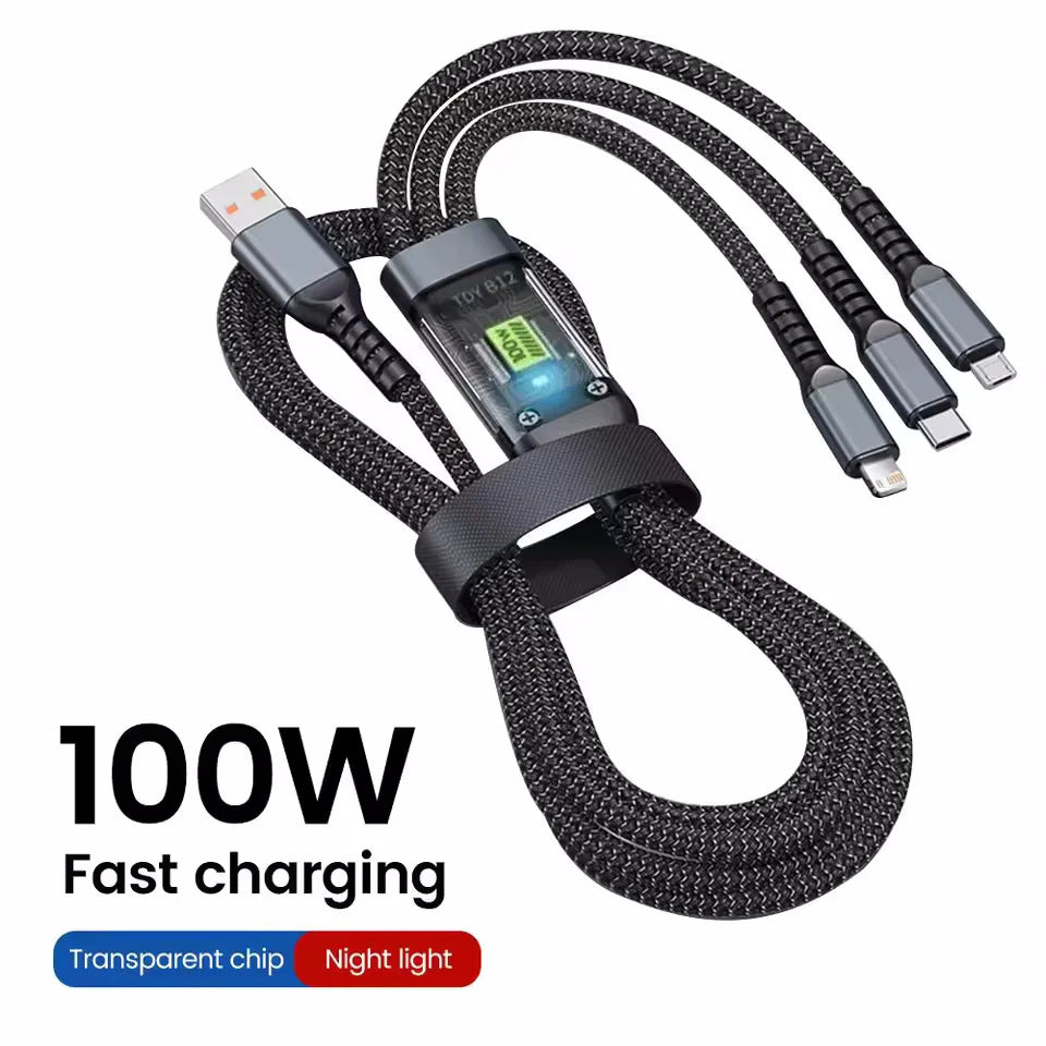 100W USB Charging Cable 3 In 1 Universal USB-C, Lightning, Micro USB